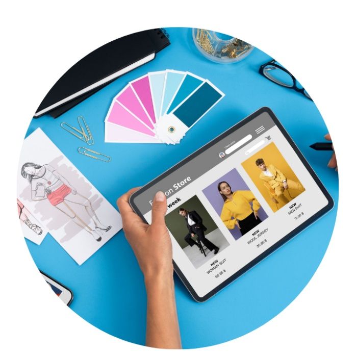 Color palette and tablet displaying a clothing store page